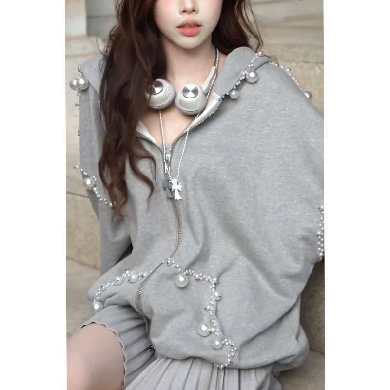 灰色珍珠卫衣外套女2025秋季新款宽松开衫上衣蝴蝶结百褶裙两件套,女装/女士精品,大码套装,淘宝优惠券,粉丝福利购,淘宝优惠卷