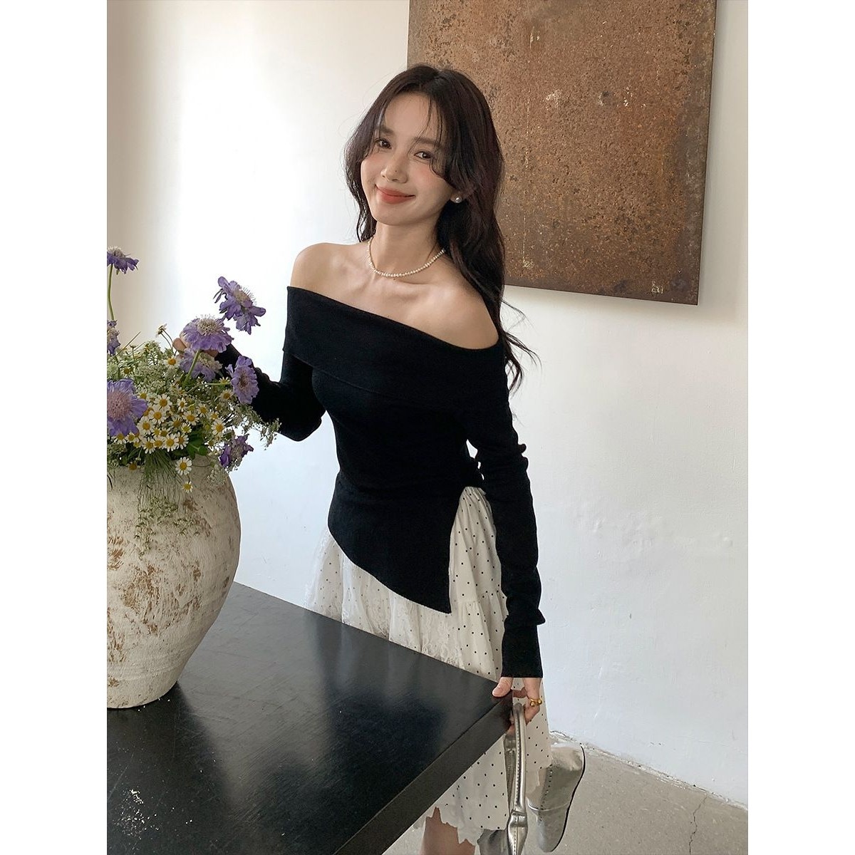 衣尔衫 轻奢 高级感纯欲一字领露肩针织衫女气质开叉超长袖0348,女装/女士精品,大码套装,淘宝优惠券,粉丝福利购,淘宝优惠卷