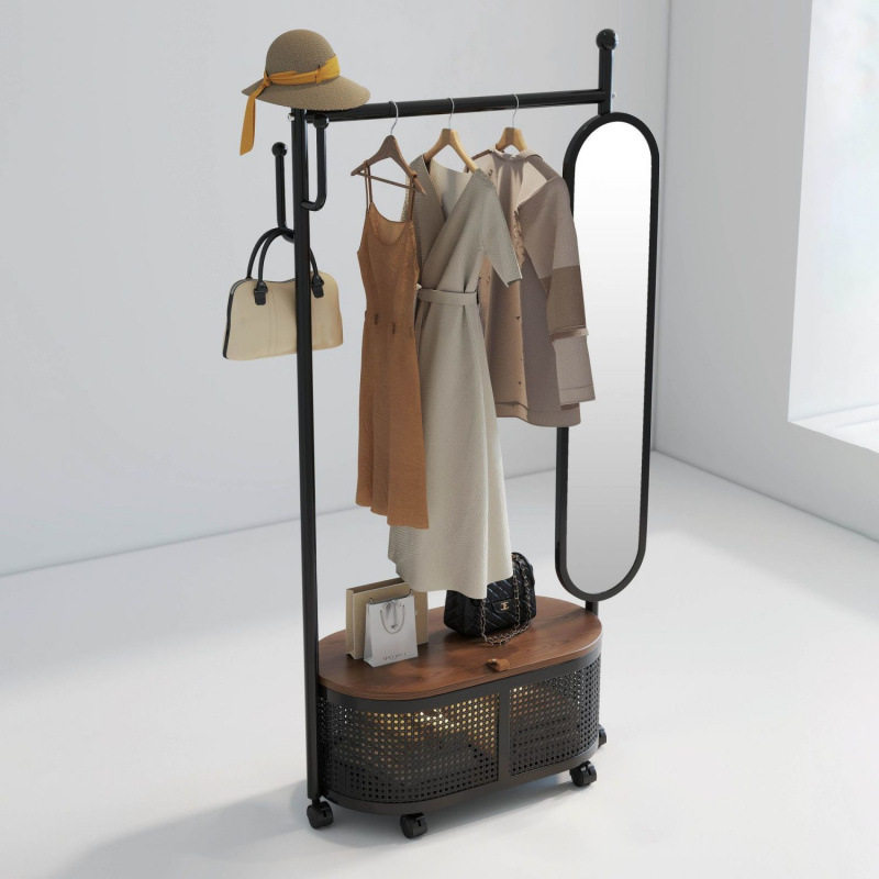 衣帽架中古风小户型卧室可移动带滚轮可置物铁艺挂衣架子带收纳篮