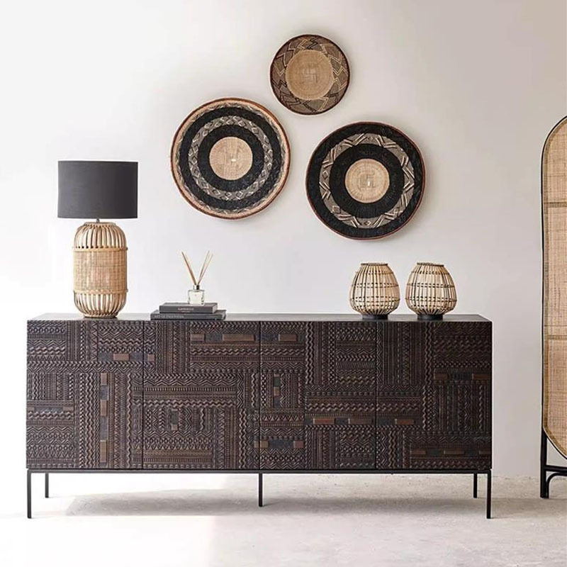 北欧复古轻奢柚木塔瓦雕花餐边柜中古工业风实木玄关柜卧室电视柜