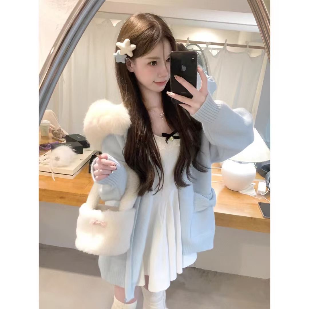 大毛领毛衣针织开衫外套慵懒风超好看宽松加厚秋冬款外套