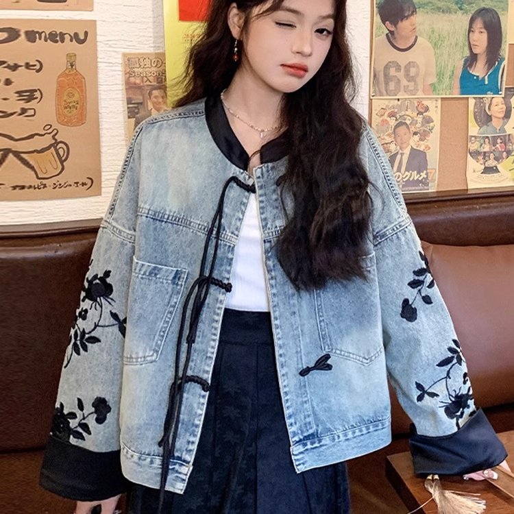 新中式刺绣牛仔外套女短款2025春秋新款韩版小个子设计感上衣