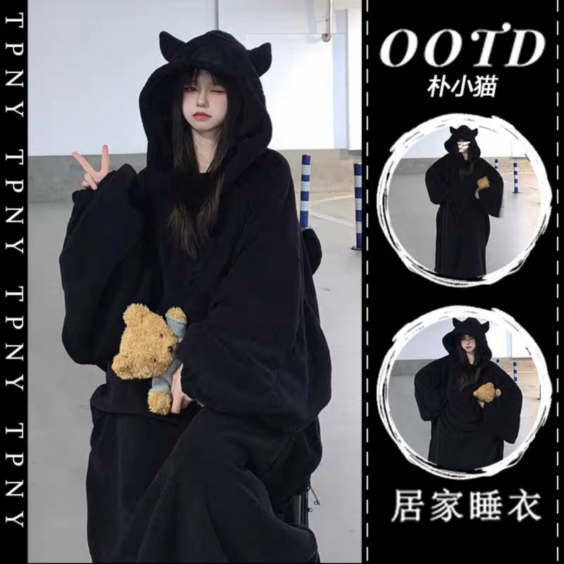 小恶魔睡衣女冬季新款珊瑚绒睡袍网红高颜值学生情侣家居服可外穿