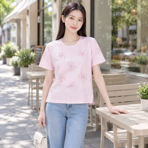 夏季亮片串珠宽松短袖T恤女