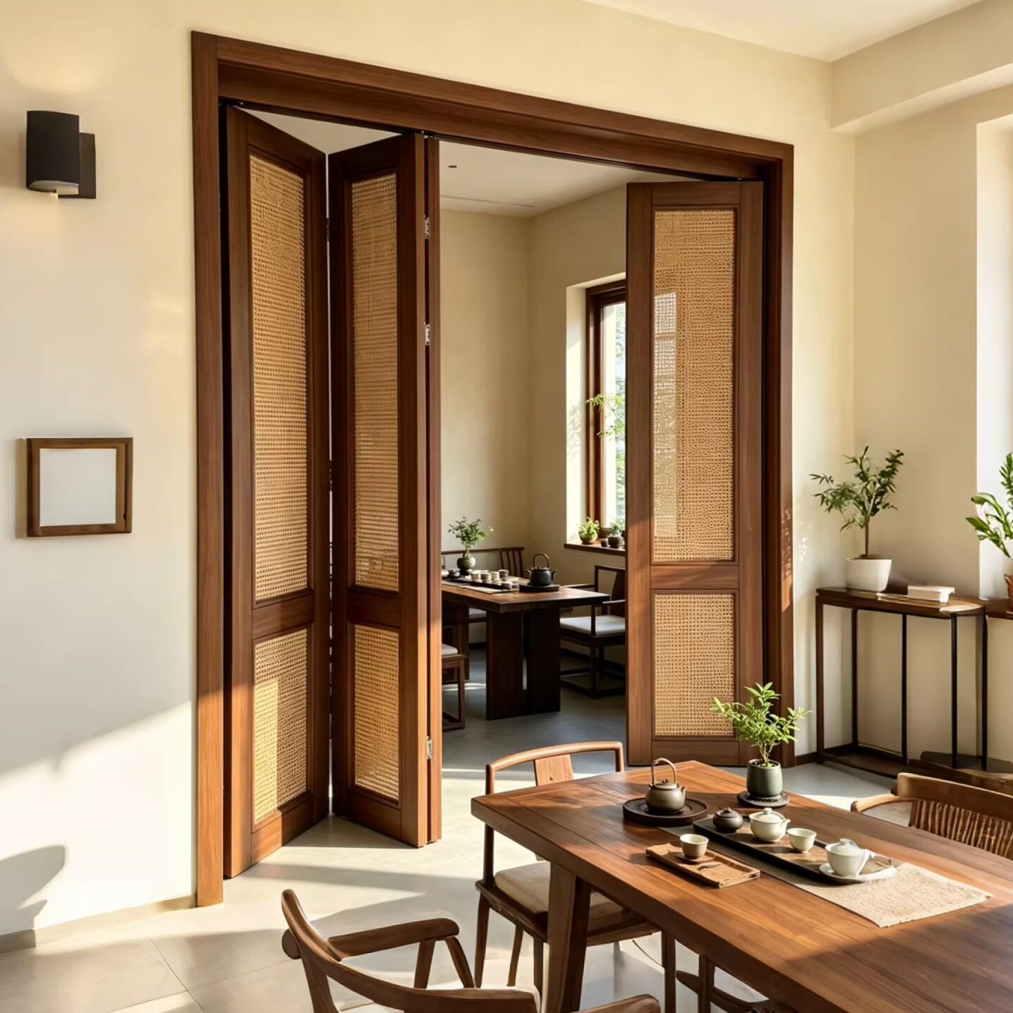 实木藤编门折叠门卧室门定制隐形门隔断屏风移门日式推拉门阳台门