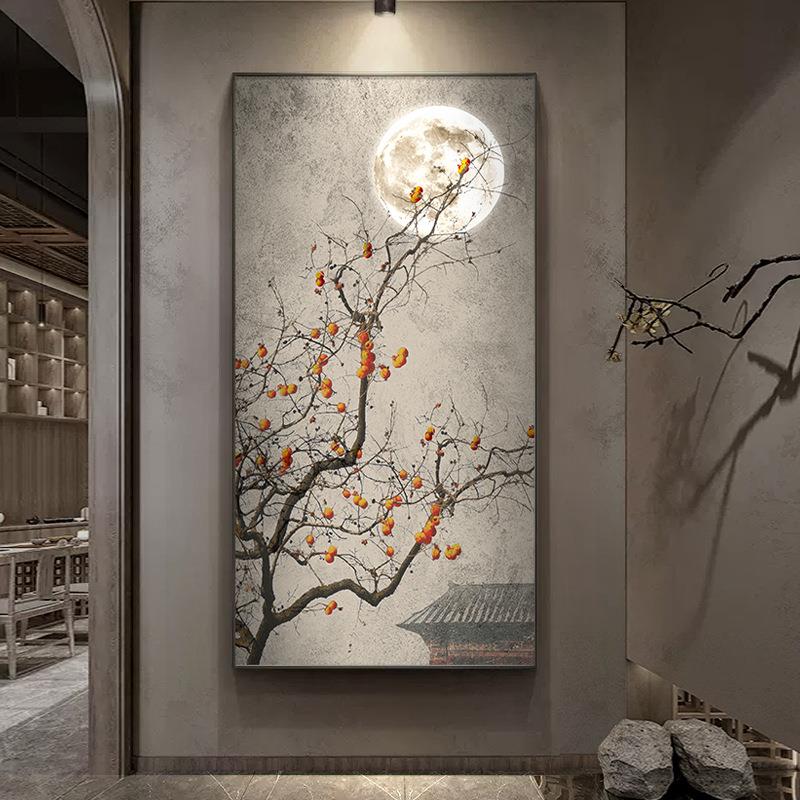 新中式柿事如意玄关画装饰画诧寂风走廊过道壁画竖版轻奢客厅挂画