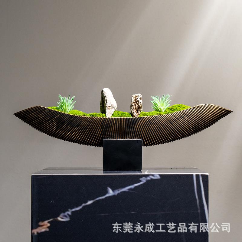 新中式仿真花艺摆件树脂花器大理石底座永生草坪茶几会客室仿真花