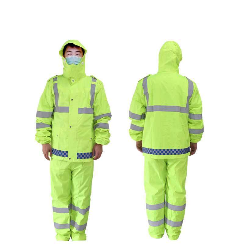 汉盾 HD-RAC004 PVC带反光条带网格内衬双层分体雨衣 荧光绿