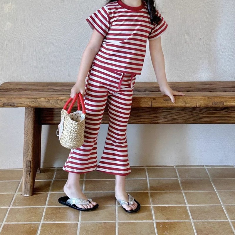 夏季儿童短袖T恤女童条纹宝宝打底衫喇叭裤新款韩版甜美两件套潮