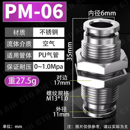 不锈钢PM隔板直通接头穿板卡套4/6/8/10/12/16mm快插气动气管接头