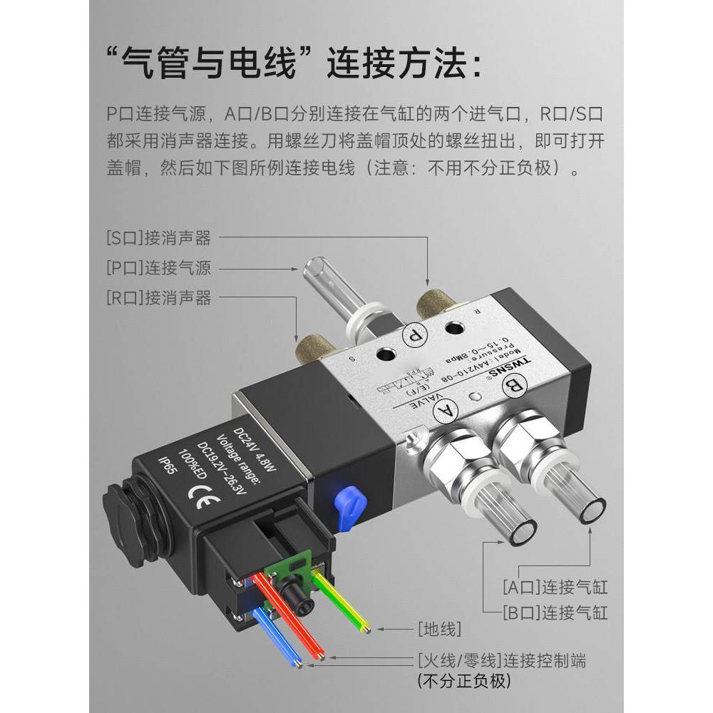 台氣山耐斯电磁阀4v210-08电子阀二位五通气动电磁控制阀24ac220v