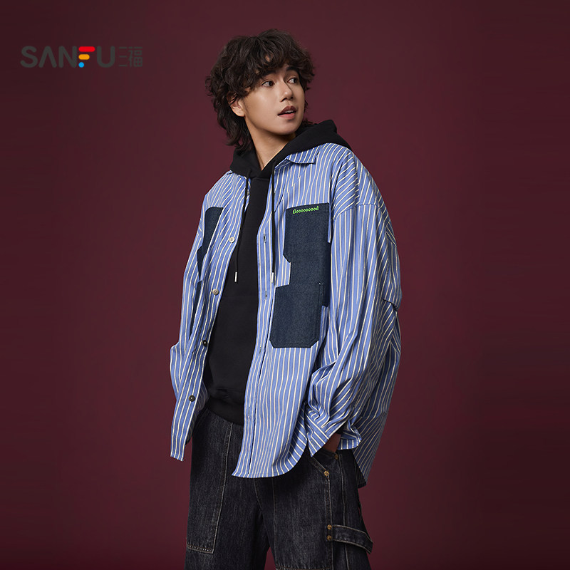 三福2026春季男士多口袋撞色竖条纹长衬衫 宽松落肩上衣518464,男装,衬衫,淘宝优惠券,粉丝福利购,淘宝优惠卷