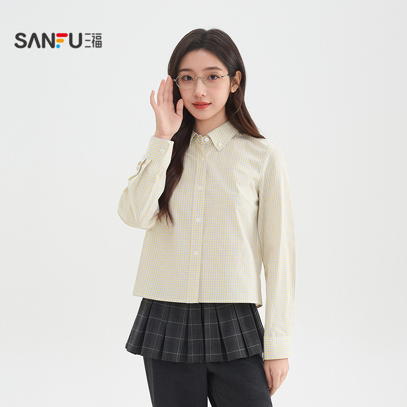 三福长衬衫2026春季都市简约翻领纽扣开衫短款上衣女装517638,女装/女士精品,衬衫,淘宝优惠券,粉丝福利购,淘宝优惠卷