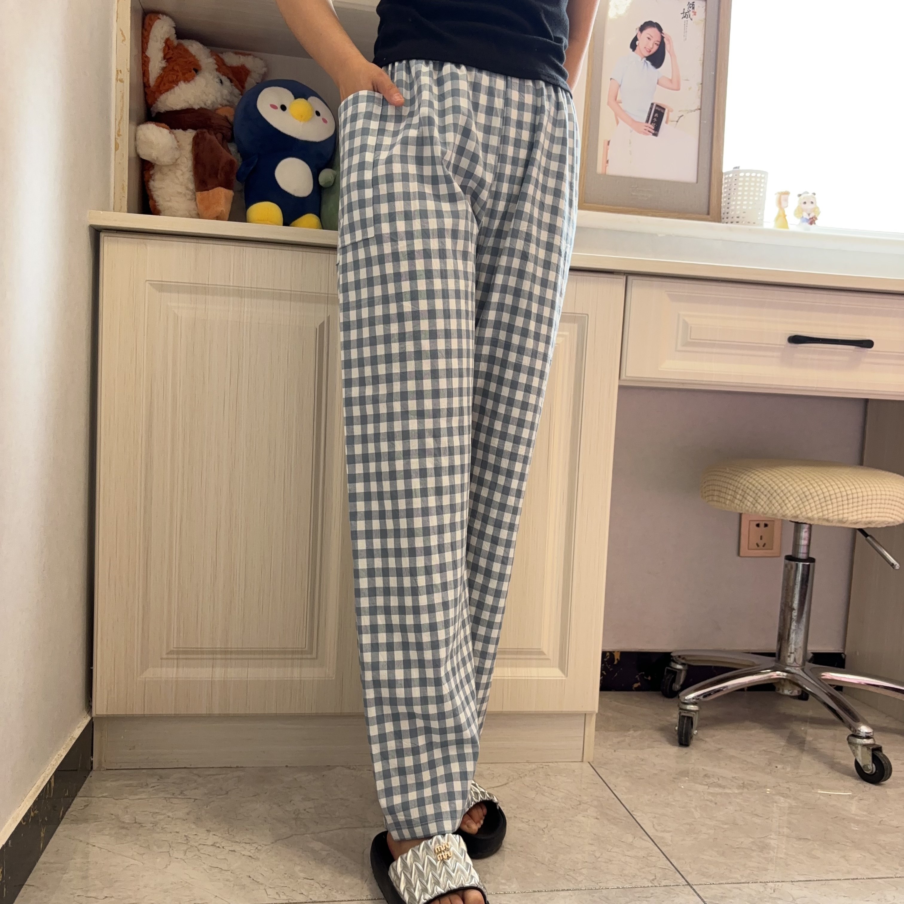 纯棉睡裤女士夏季宽松水洗棉家居长裤春秋休闲格子直筒裤子可外穿