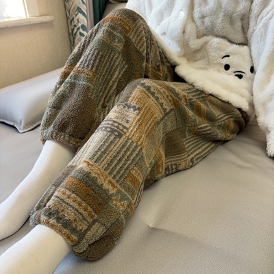 奥粒绒束脚睡裤女士民族风秋冬加厚保暖可外穿摇粒绒家居裤休闲裤