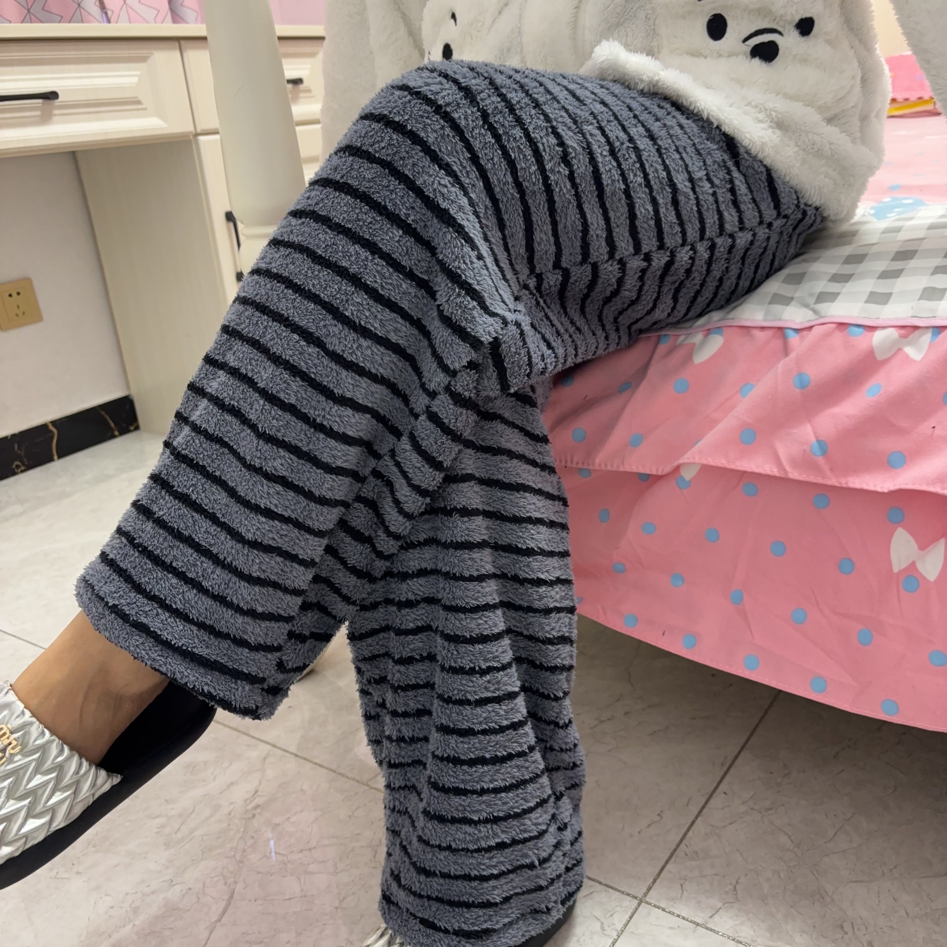 条纹加绒睡裤女士秋冬糯米绒加厚家居裤休闲直筒短毛绒长裤可外穿