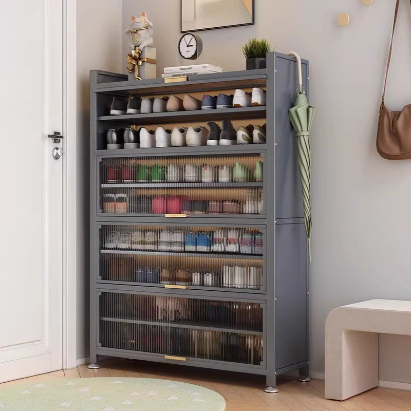 家用鞋柜钢制入户门口落地多层防尘鞋架玄关大容量收纳翻开门鞋柜