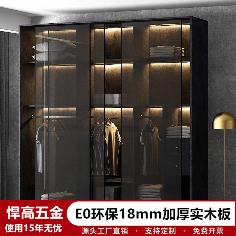 轻奢玻璃门衣柜卧室推拉门衣橱家用实木衣帽间移门一门到顶柜