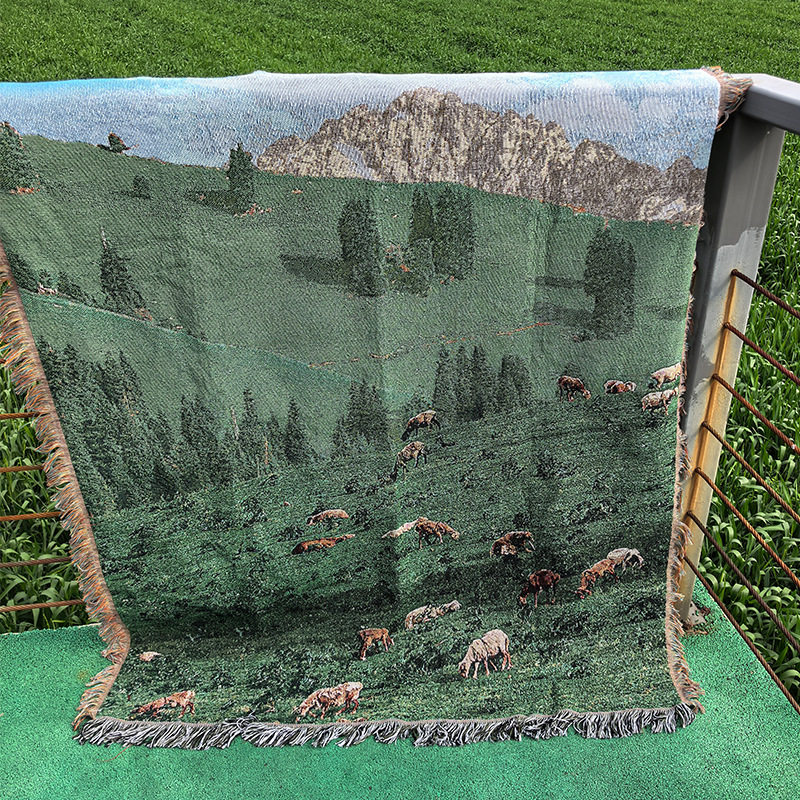 广阔草原牛羊风景画墙面装饰挂毯中古风背景布高级感挂毯棉线毯子