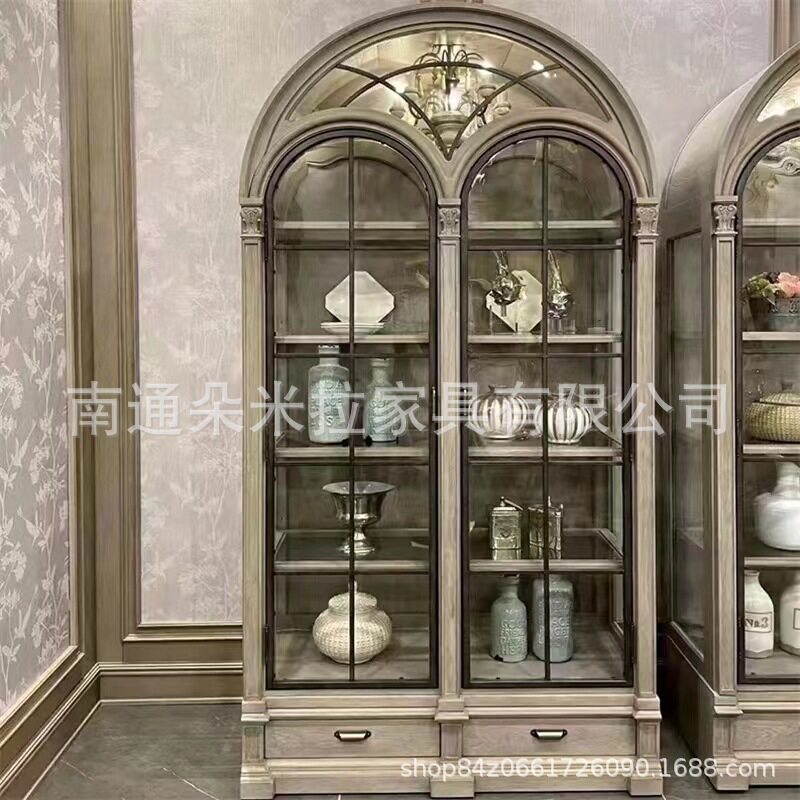 美式建筑复兴实木酒柜拱形半圆实木双门餐边客厅展示柜全实木碗柜