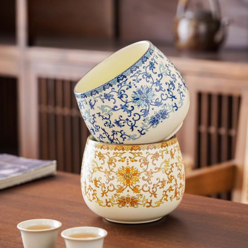 缠枝莲汝窑茶渣缸陶瓷茶洗杯洗茶桌特大号水盂茶杯收纳盆茶具建水