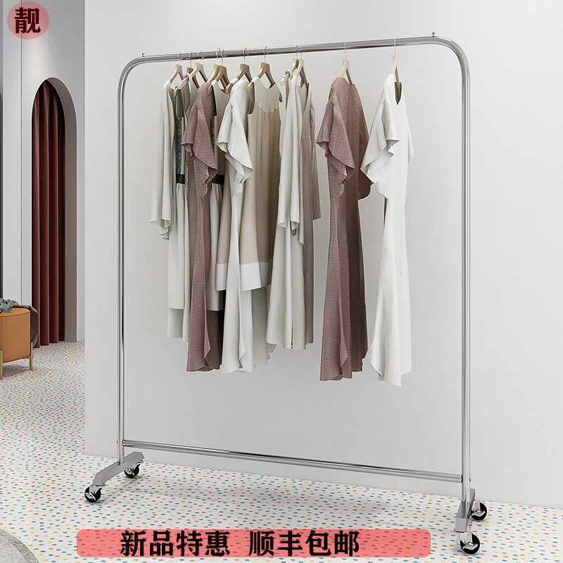 不锈钢女服装店展示挂衣架落地中岛龙门上墙陈列专用货架移动带轮