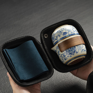 青花汝窑一壶两杯户外旅行茶具套装 包茶壶茶杯一人用快客杯 便携式