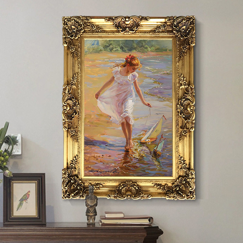 欧式轻奢印象人物油画美式大海风景装饰画玄关卧室走廊美女挂画竖