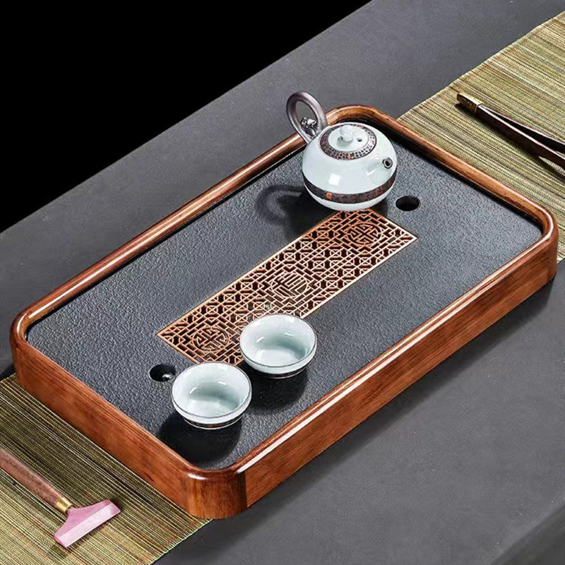实木乌金瓷石茶盘家用小型托盘长方茶台简约储水盘干泡盘轻奢茶具