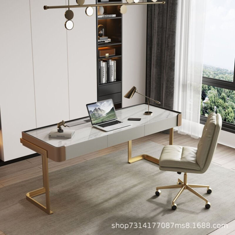轻奢岩板马鞍皮书桌现代意式书房办公桌墙边电脑桌高端金属书桌