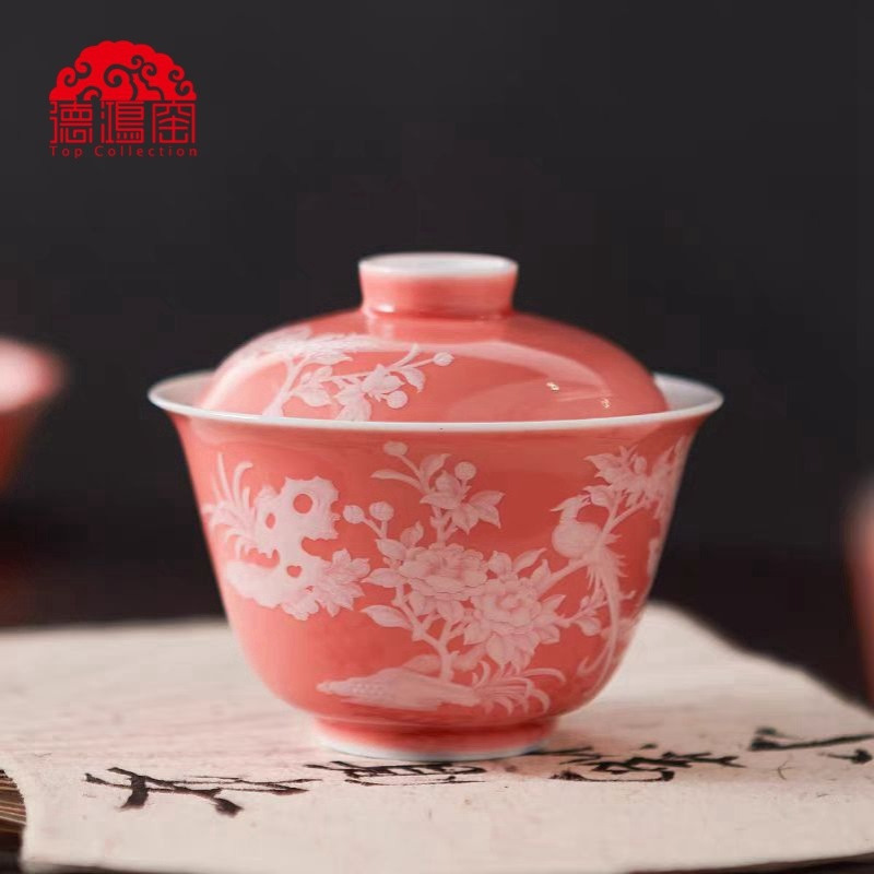 景德拟古 堆花二才盖碗复古高档泡茶碗单个雅致中式家用陶瓷茶具