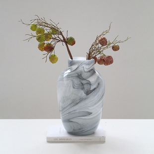 饰花器 中古琉璃插花器皿客厅桌面装 新中式 水墨玻璃花瓶高级感法式