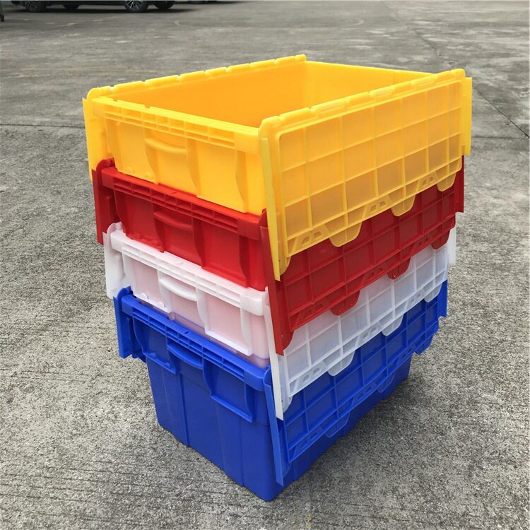 现货供应蓝色全新带盖超市配送箱 白色黄色绿色全新PE物流周转箱