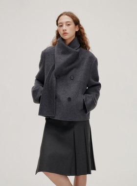 REDOLENCE 短款毛呢外套女秋冬高级围脖款灰色长款双面呢羊毛大衣