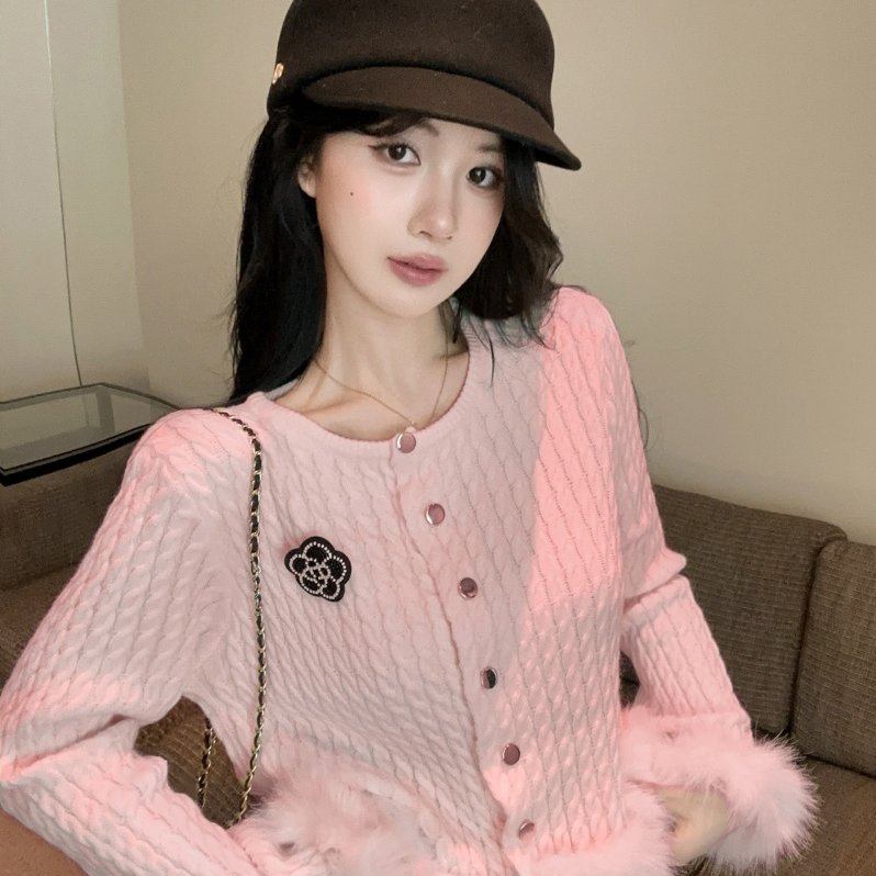 粉色麻花貂毛边针织开衫 复古穿搭博主同款 小众设计感温柔系上衣