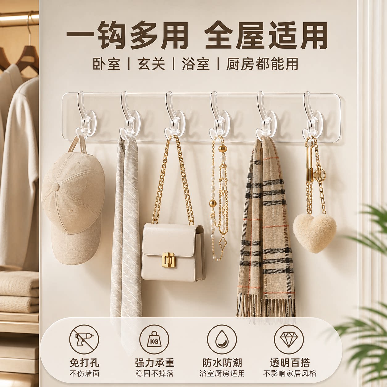 六连透明强力无痕免打孔连排挂钩