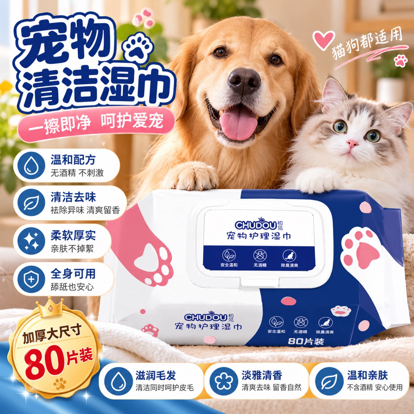猫狗通用免洗杀菌除臭湿巾
