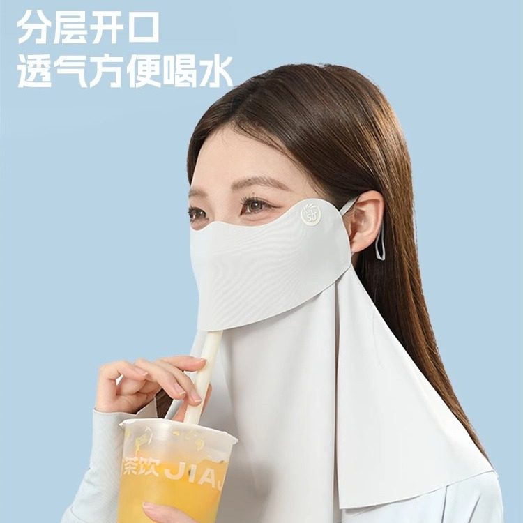 防晒面罩可喝水口罩2026新款全脸防紫外线护颈开口透气遮阳骑行纱