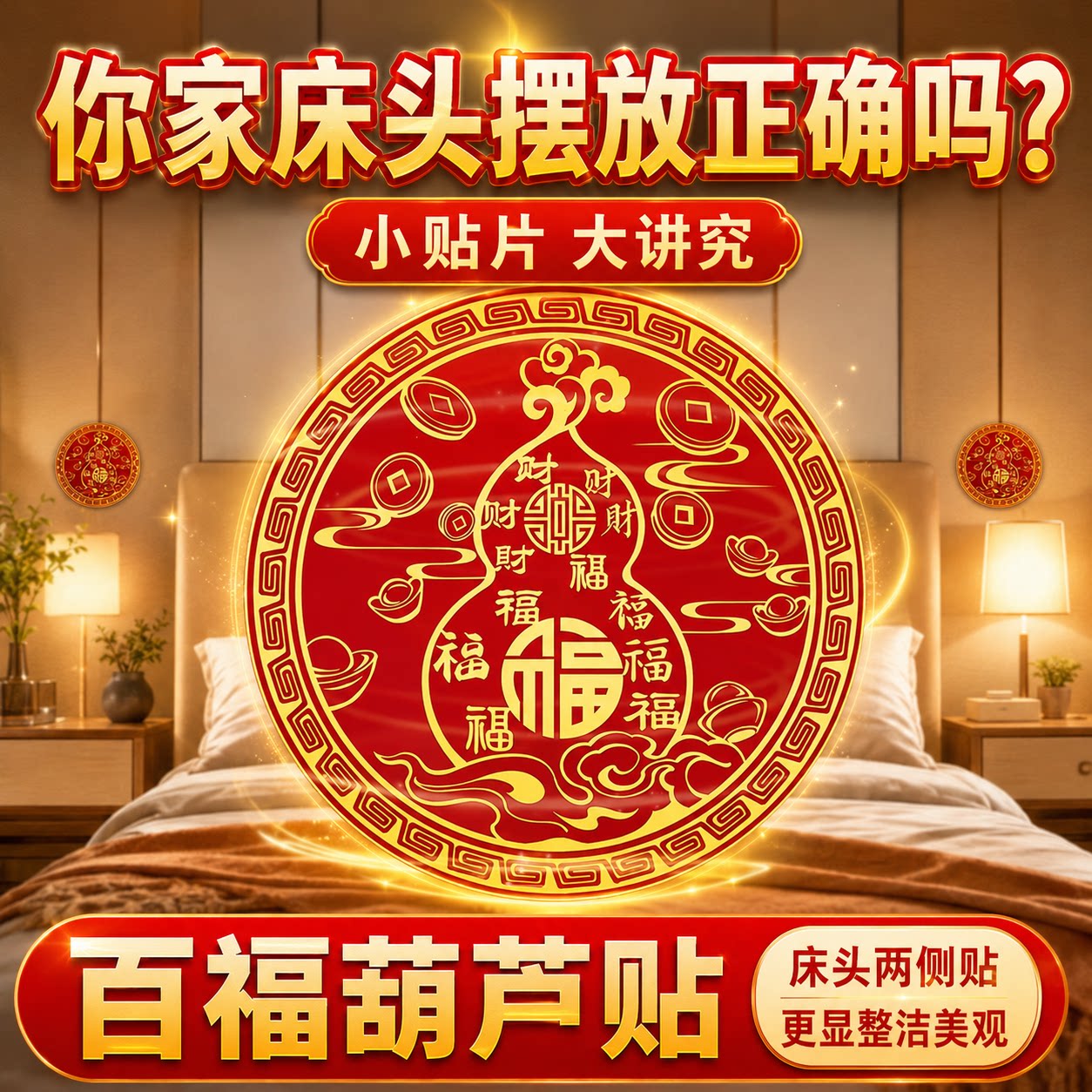 百福葫芦自粘贴化解床头朝西大门对门纳福招财家用福禄吉祥装饰贴