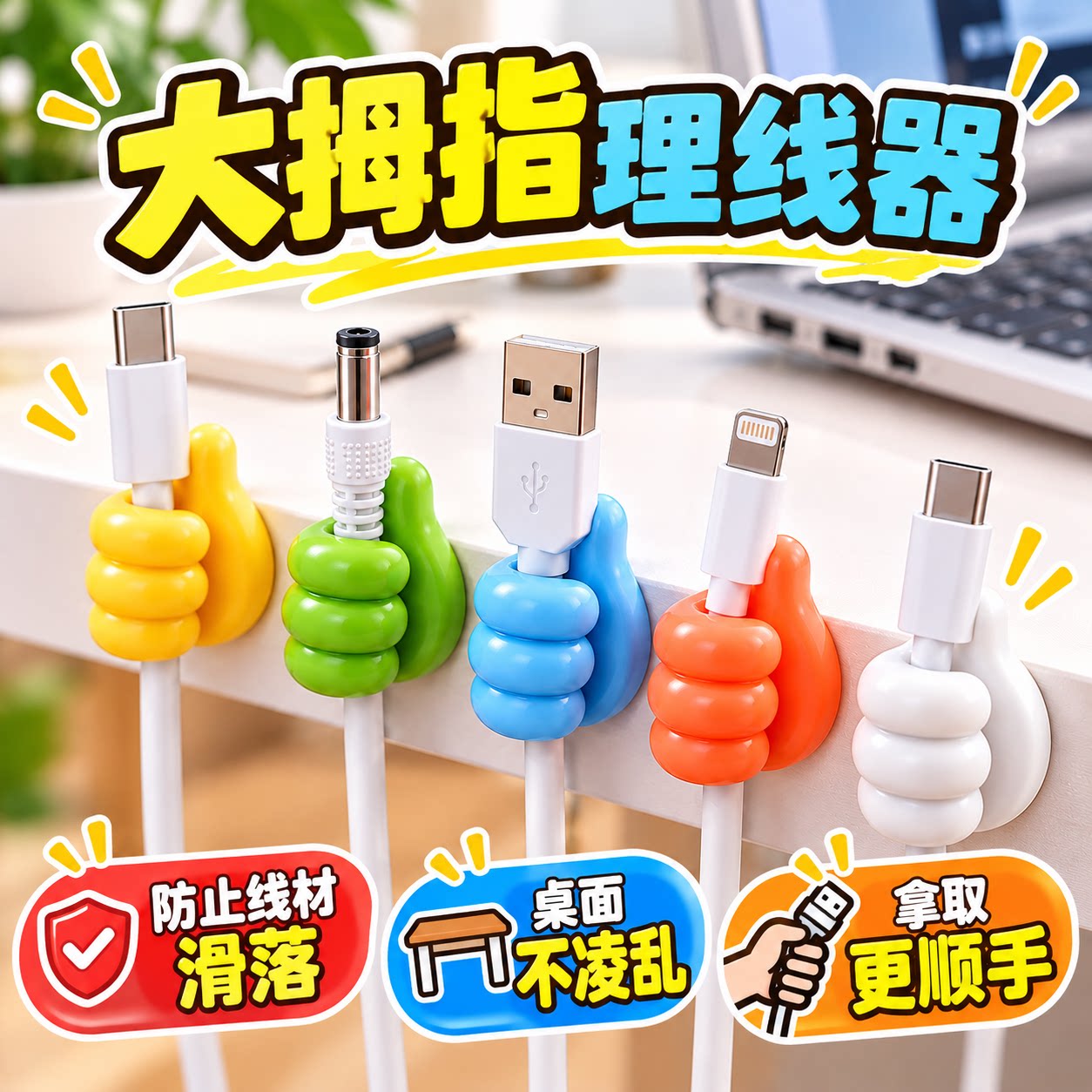 大拇指挂钩理线集线器强力粘胶免打孔多功能电线数据线收纳神器