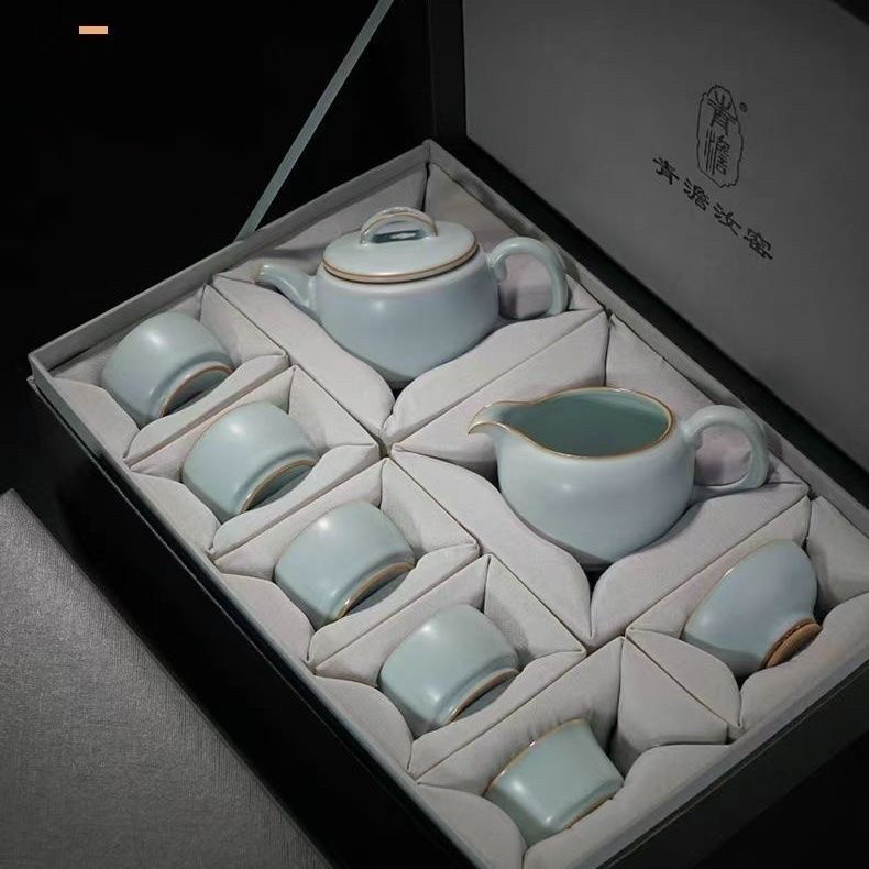 限时特价汝窑茶具套装家用简约礼盒装瓷器景德镇功夫茶具礼品陶瓷