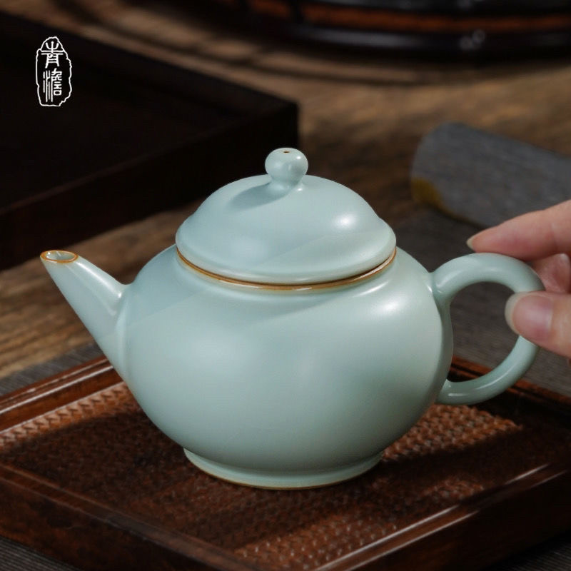 汝窑茶壶手工陶瓷单壶仿古汝瓷天青色瓷器青瓷礼盒装水平壶