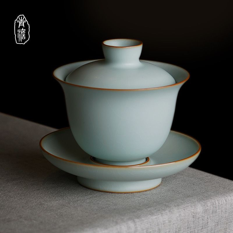 汝窑三才盖碗茶杯小号景德镇汝瓷泡茶碗薄胎青瓷中式陶瓷