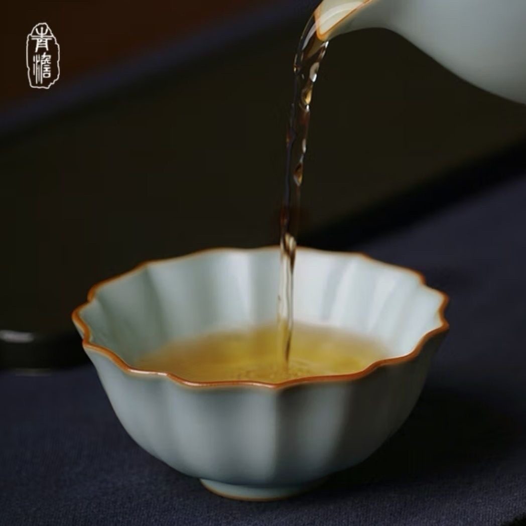 开片青澹荷瓣杯玛瑙入釉手工汝窑景德镇汝瓷主人杯茶具汝窑茶杯