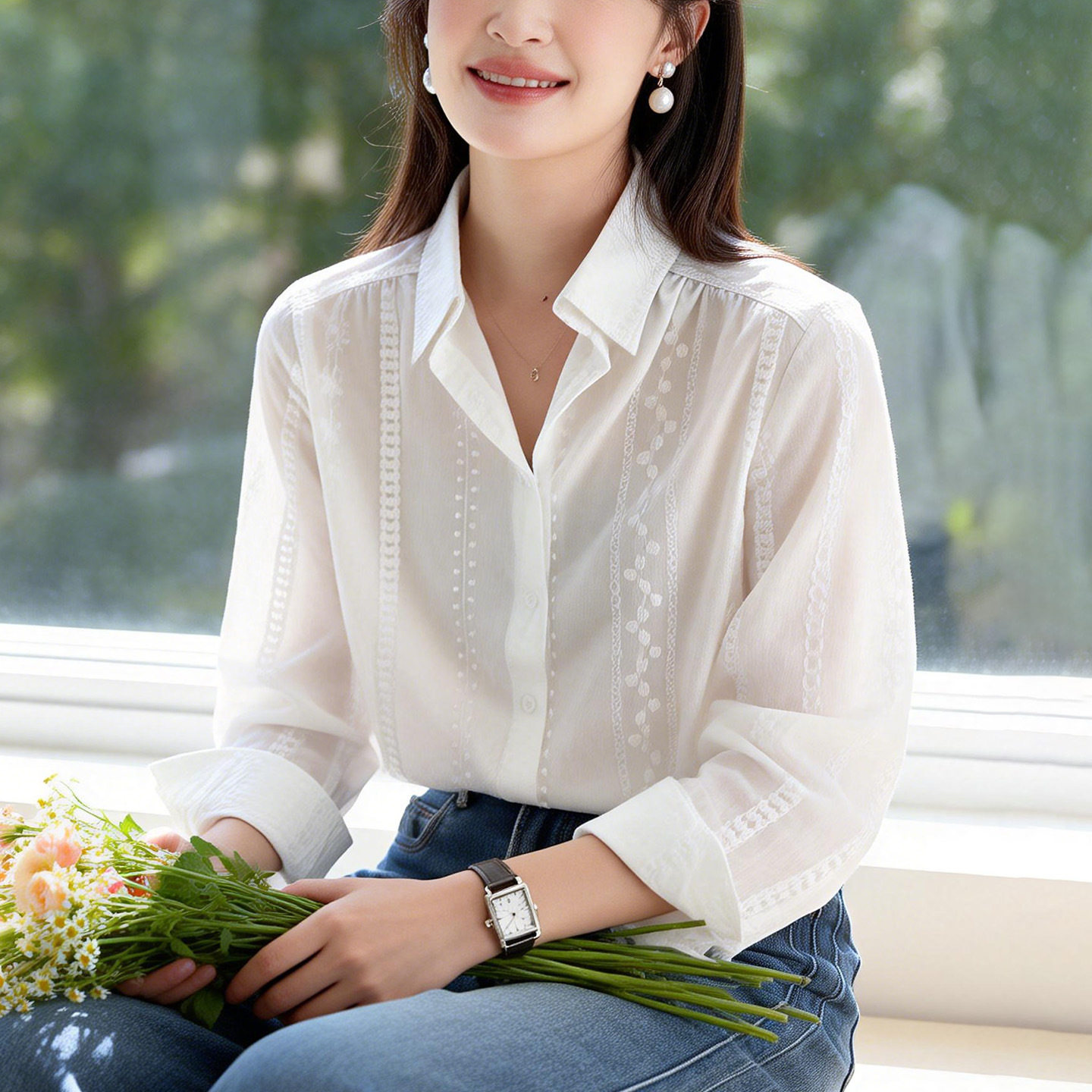 中式上衣纯棉刺绣女式翻领衬衣