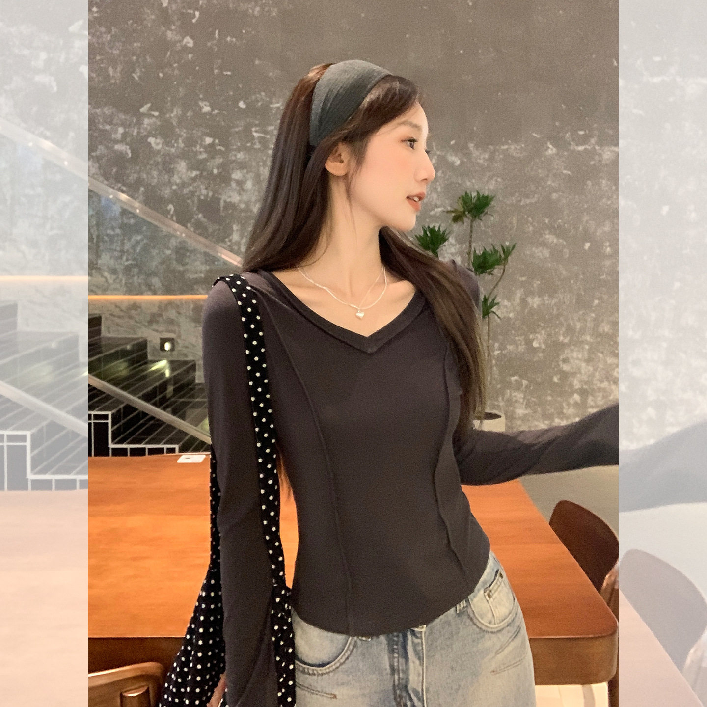 v领长袖T恤女修身显瘦百搭上衣