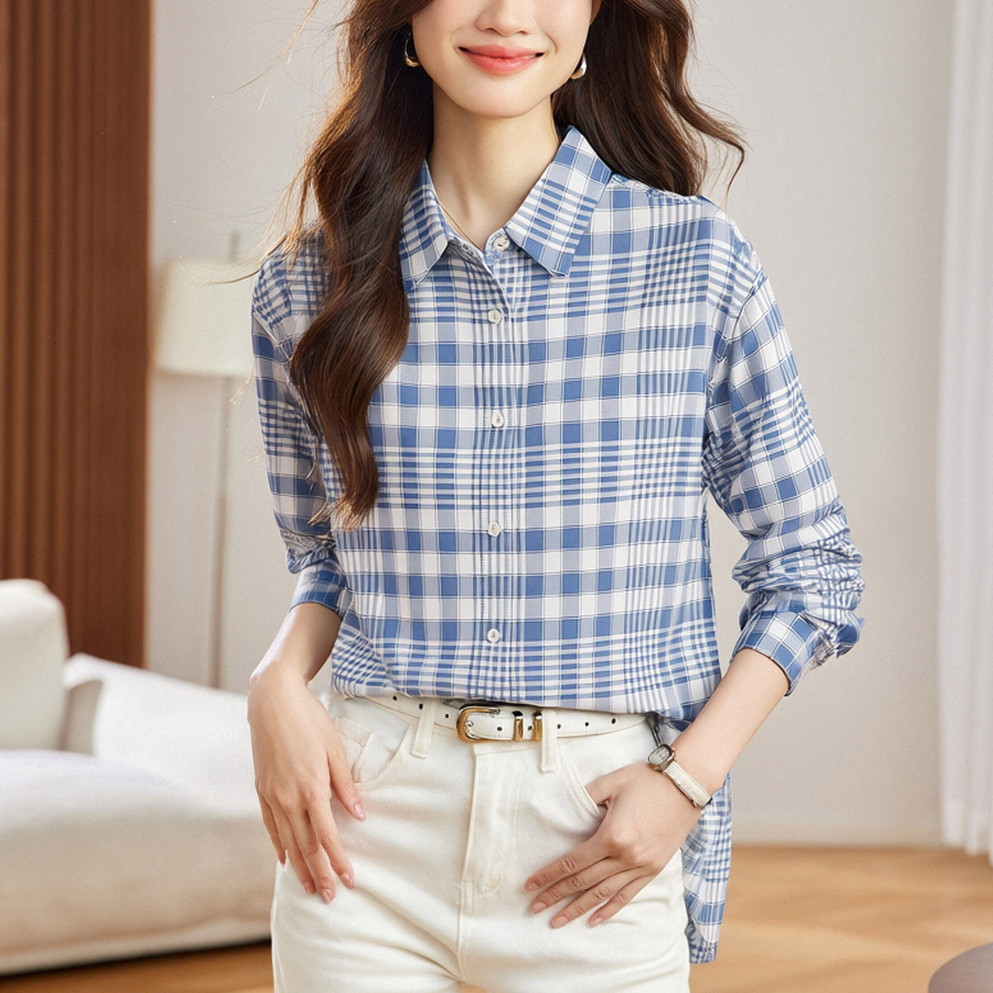 女长袖中长款上衣纯棉女式衬衣