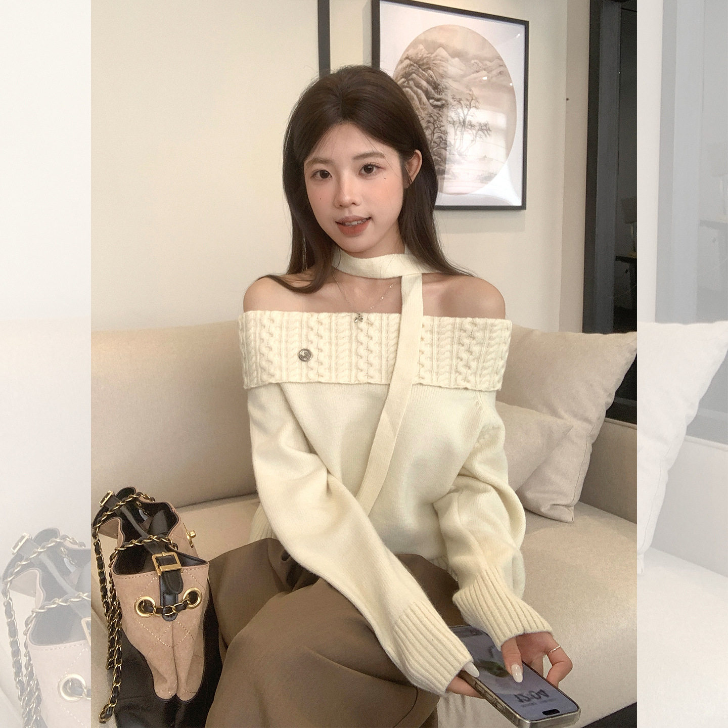 韩版温柔风一字肩露肩软糯毛衣女