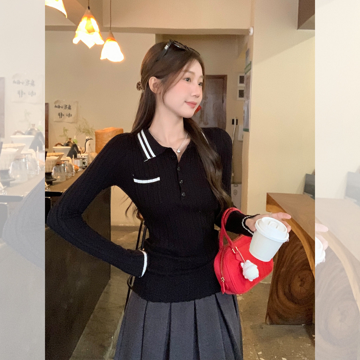长袖上衣polo领内搭针织打底衫