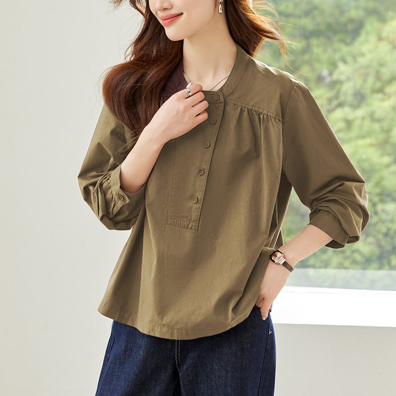 韩版圆领长袖衬衣通勤宽松上衣